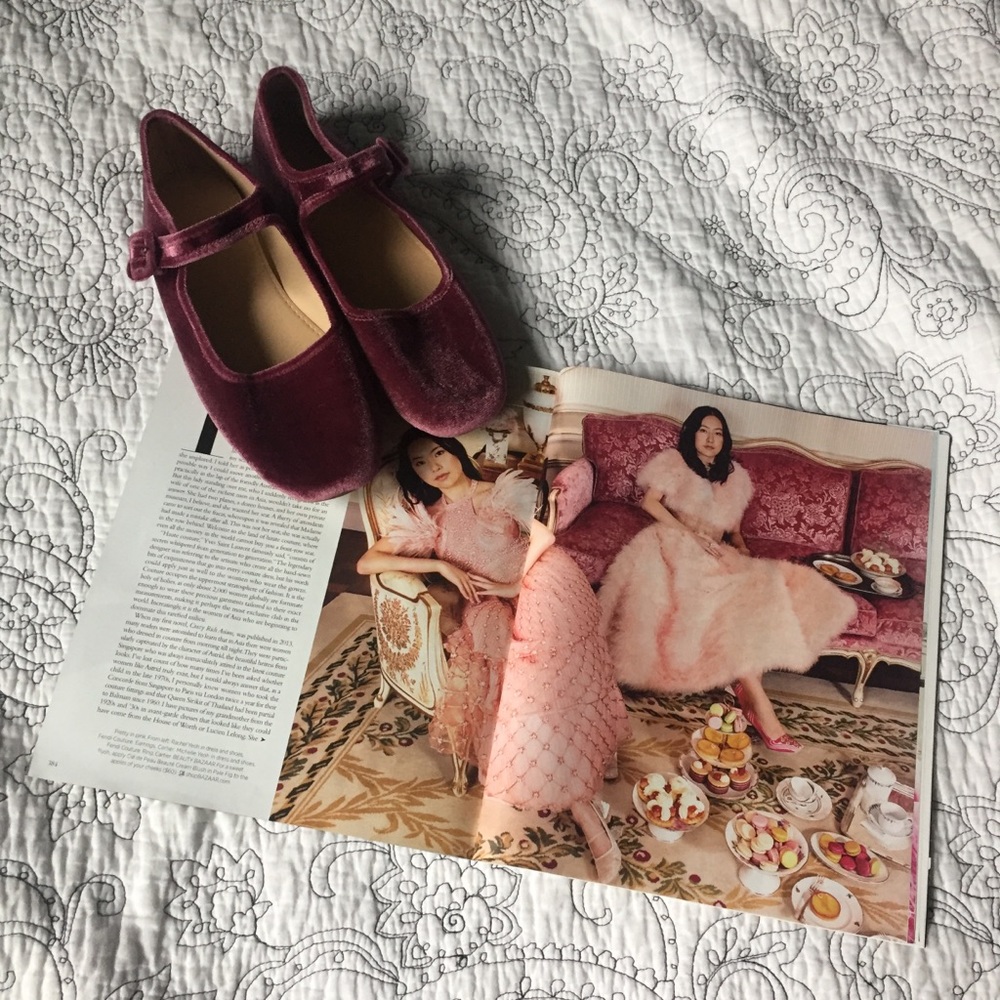 Magenta velvet slippers from Urban Outfitters.